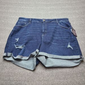 Aya & Viv Shorts Womens 24W Dark Wash High-Rise Midi Distressed Denim Stretch‎